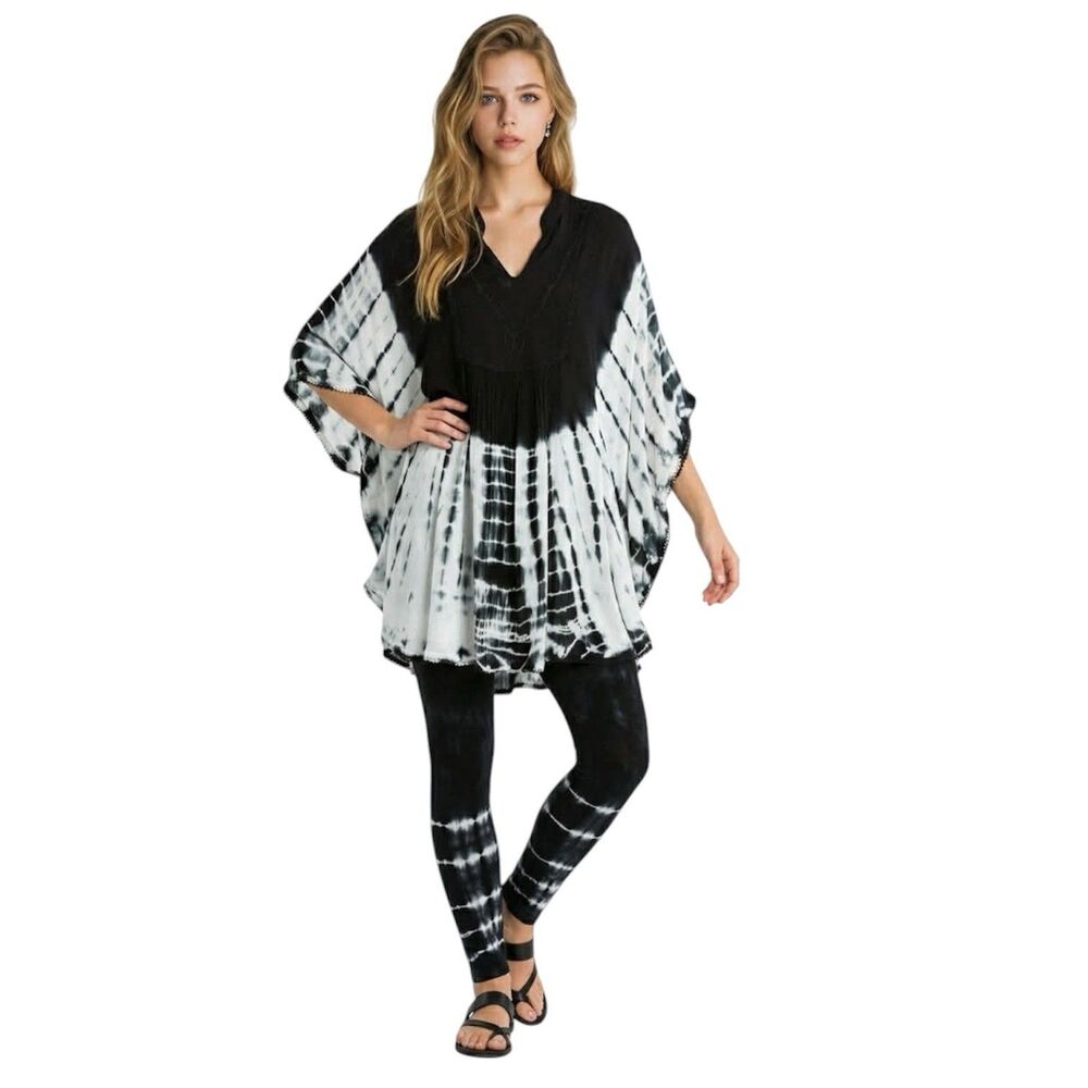 Vtg Black Batik Embroidered Bohemian Hippie Caftan Tunic Top OS - Picture 2 of 15